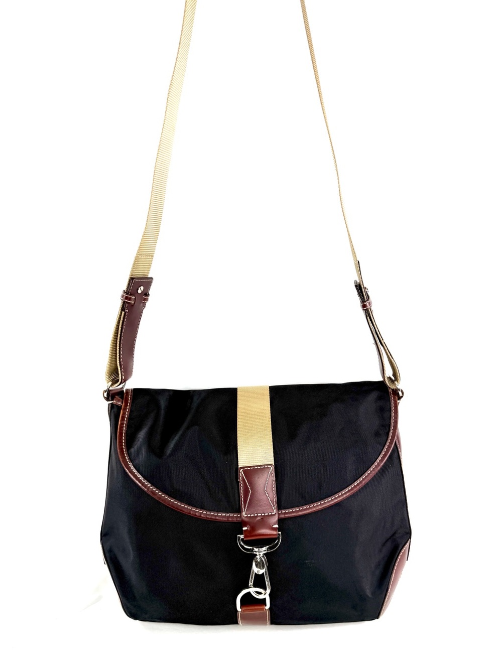 LANCEL Black Canvas Large Shoulder Bag Brown Leather Trim Latch Paris